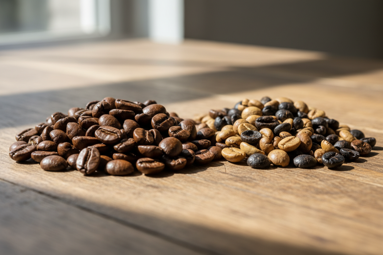 Comparação entre grãos de café de especialidade e café de supermercado